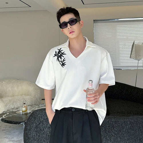 Load image into Gallery viewer, Male T-shirt Neckline Bamboo Print New Chinese Style Men&#39;s Fashion Trend Short Sleeve Loose Niche Design Top 9C5791
