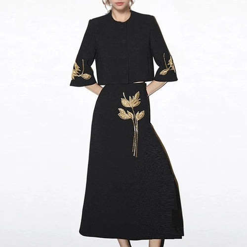 Load image into Gallery viewer, Embroidered Two Piece Set For Women O Neck Long Sleeve Spliced Button Tops High Waist Skirt Elegant Sets Female New
