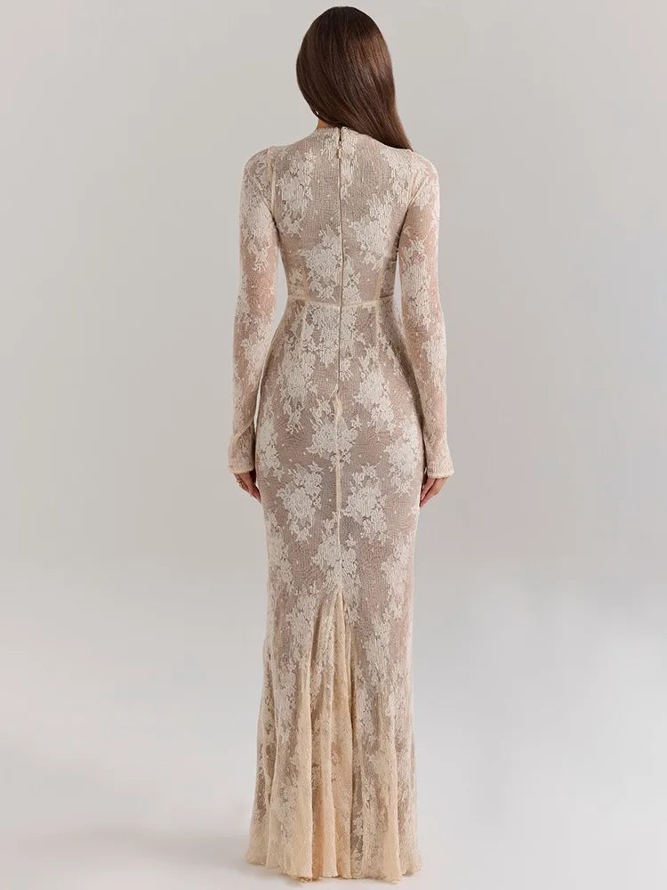 Elegant Lace New Long Sleeve Round Neck Dress Women Sexy Bodycon Tight Vestidos Autumn/Winter Party Club Evening Dress