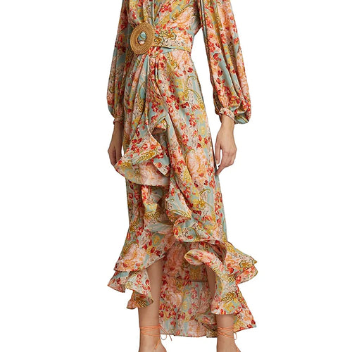 Load image into Gallery viewer, Colorblock Irregular Hem Dress For Women V Neck Long Sleeve High Waist With Belt Elegant Fashion Dresses Female 2023 Summer
