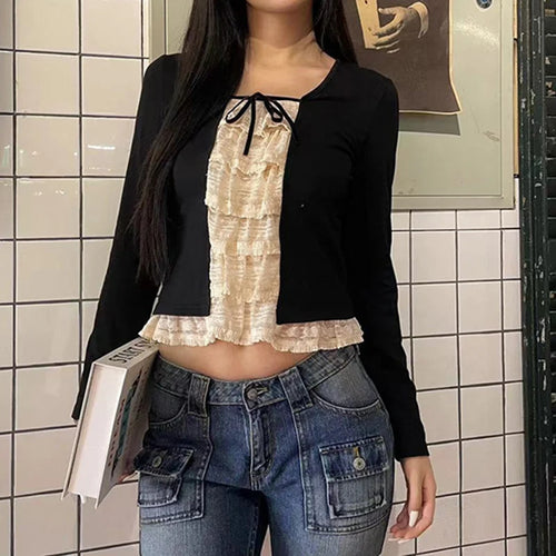 Load image into Gallery viewer, Y2K Vintage Lace Patchwork Women T-shirts Slim Korean Style Ruffles Tie Up Cute Tee Cottagecore Autumn Tops Contrast
