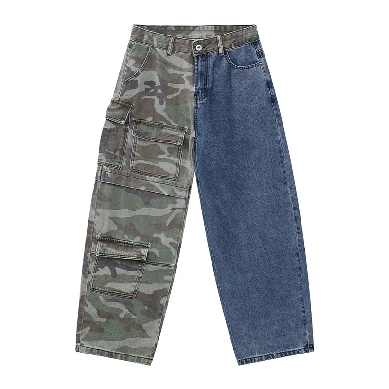 Men Jeans Niche Personalized Camouflage Splicing Two Color Fashion Multi Pockets Loose High Street Denim Pants 9W1679