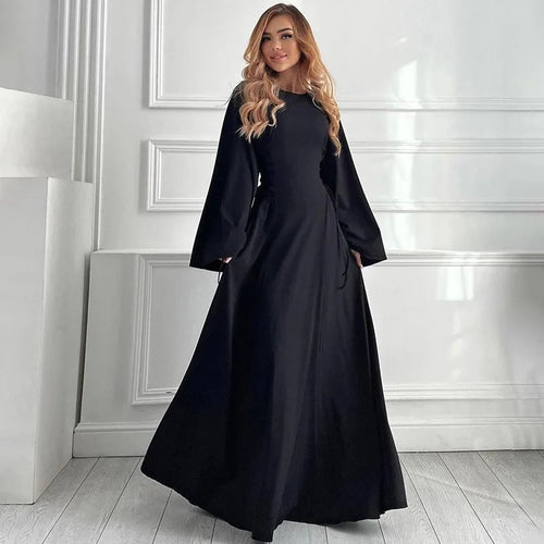 Load image into Gallery viewer, Ribbed Bandage Sexy Maxi Dress For Women Solid Lace-up O Neck Long Sleeve High Waist Elegant Long Dress Fashion

