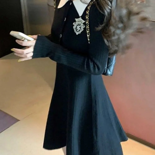 Load image into Gallery viewer, School Student Knitted Knit Black Dress Women Preppy Style Korean Fashion Kpop Long Sleeve Mini Short Dresses Autumn
