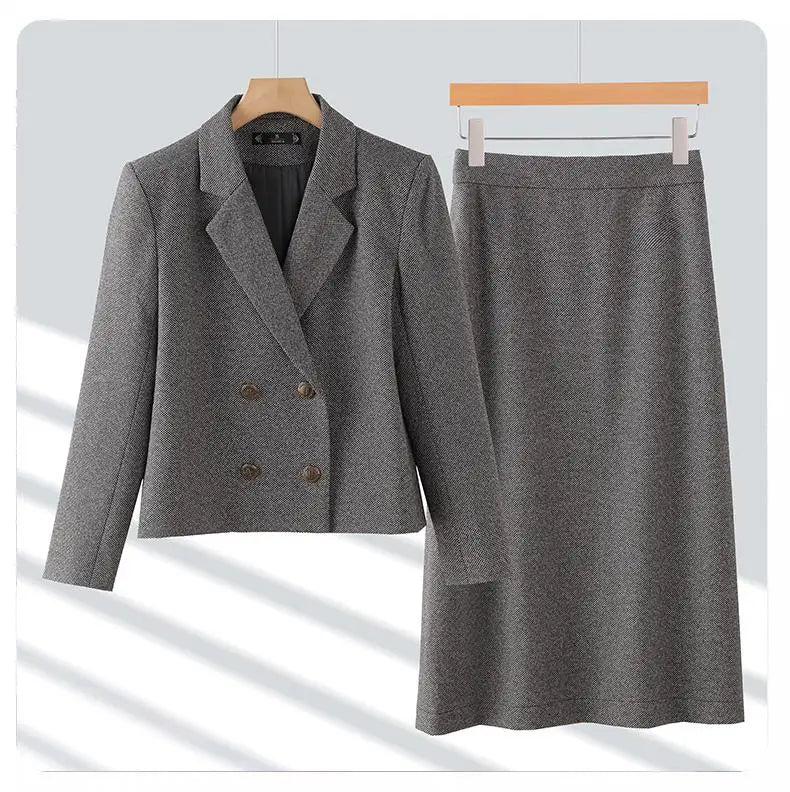 2024 Autumn Winter Suit New Women's Clothing Brown Gray Double Breasted Blazer Jacket And High Waist Long Skirt Two Pieces Sets
