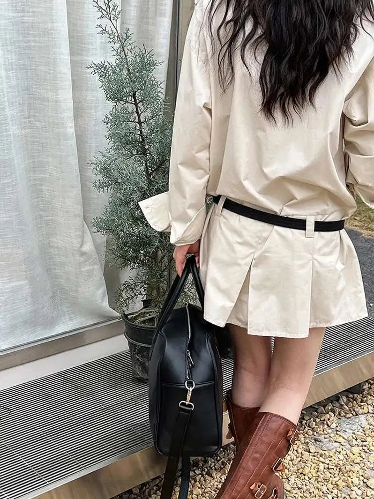 Women White Hem Pleated Elegant Big Size Mini Shirt Dress New Lapel Long Sleeve Fashion Tide Spring Autumn 2025 1DH9552