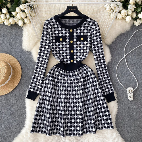 Load image into Gallery viewer, Korean Style Plaid Dress O Neck Button Long Sleeves 2023 Autumn Female Fashion Chic Sweet Knitted A Line Sweater Dress Winter
