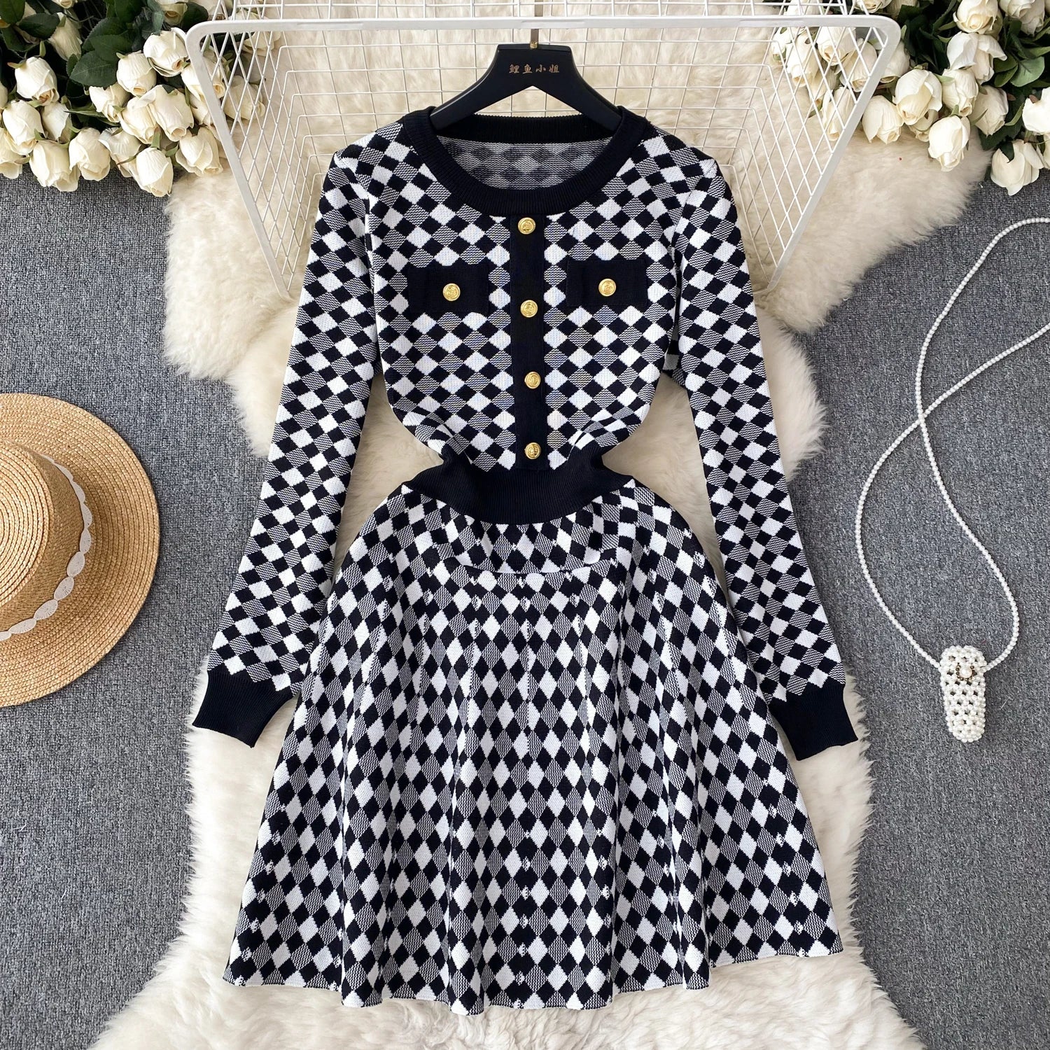 Korean Style Plaid Dress O Neck Button Long Sleeves 2023 Autumn Female Fashion Chic Sweet Knitted A Line Sweater Dress Winter