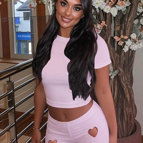 Load image into Gallery viewer, Summer Hipster Solid Women 2 Piece Set Classic Heart Hollow O-neck Slim Tees+Elastic Waist Shorts Female Daily Streetwear
