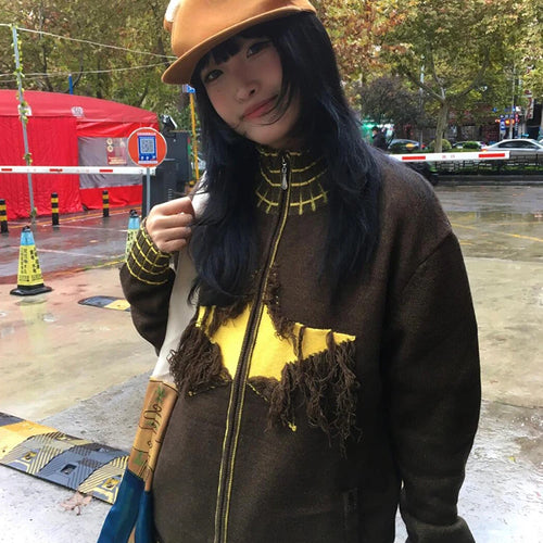 Load image into Gallery viewer, Y2k Aesthetic Vintage Knitted Plaid Cardigans Star Jacquard Tassel Zipper Sweater Coats Loose Women Grunge Harajuku Ins Knitwear
