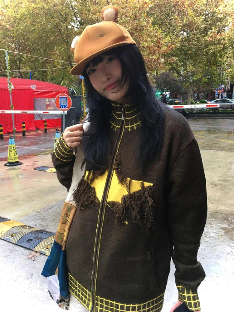 Y2k Aesthetic Vintage Knitted Plaid Cardigans Star Jacquard Tassel Zipper Sweater Coats Loose Women Grunge Harajuku Ins Knitwear