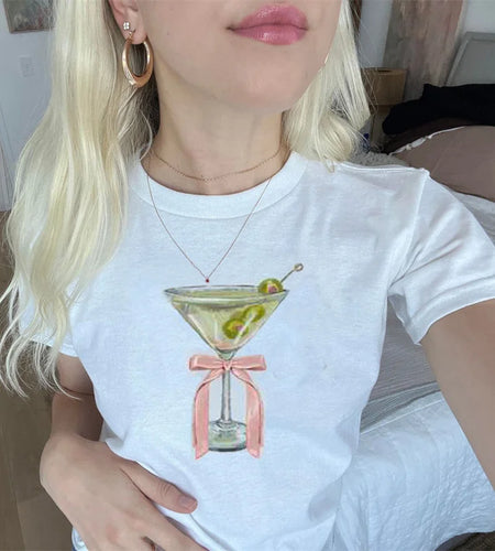 y2k Baby Tee Women Aesthetic Clothes Fruit/Wine Cup Print Round Neck Short Sleeve Crop Top Graphic T Shirt Streetwear