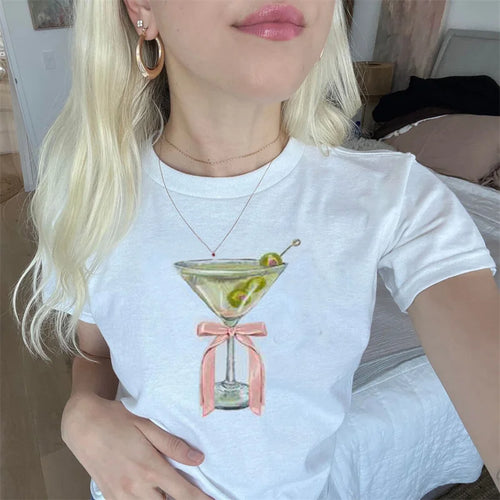 Load image into Gallery viewer, y2k Baby Tee Women Aesthetic Clothes Fruit/Wine Cup Print Round Neck Short Sleeve Crop Top Graphic T Shirt Streetwear

