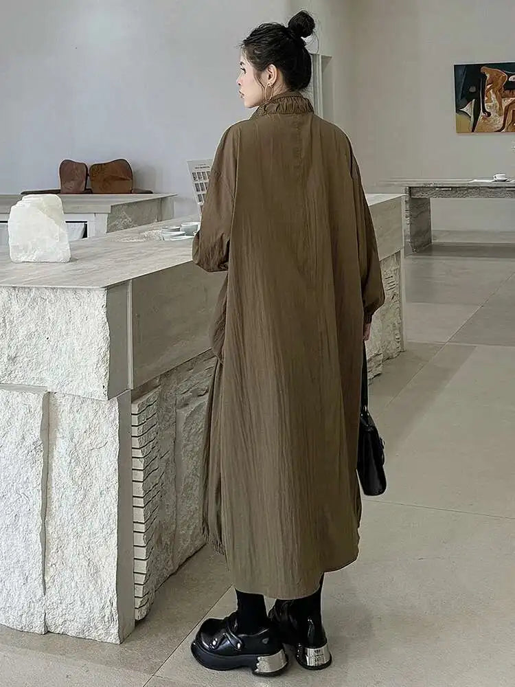 Women Khaki Pleated Big Size Casual Midi Dress New Stand Collar Long Sleeve Fashion Tide Spring Autumn 2025 1DH6824