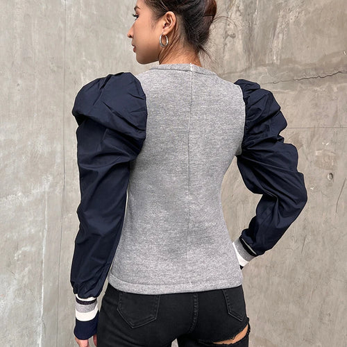 Load image into Gallery viewer, Loose Patchwork Colorblock Sweatshirt For Women Round Neck Puff Sleeve Casual Sweatshirts Female Autumn Clothes New

