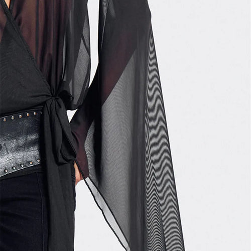 Load image into Gallery viewer, Mesh See Through Sexy Mini Dress For Women Black Sheer Mesh Deep V Neck Long Sleeve Backless Draped Ruched Dress
