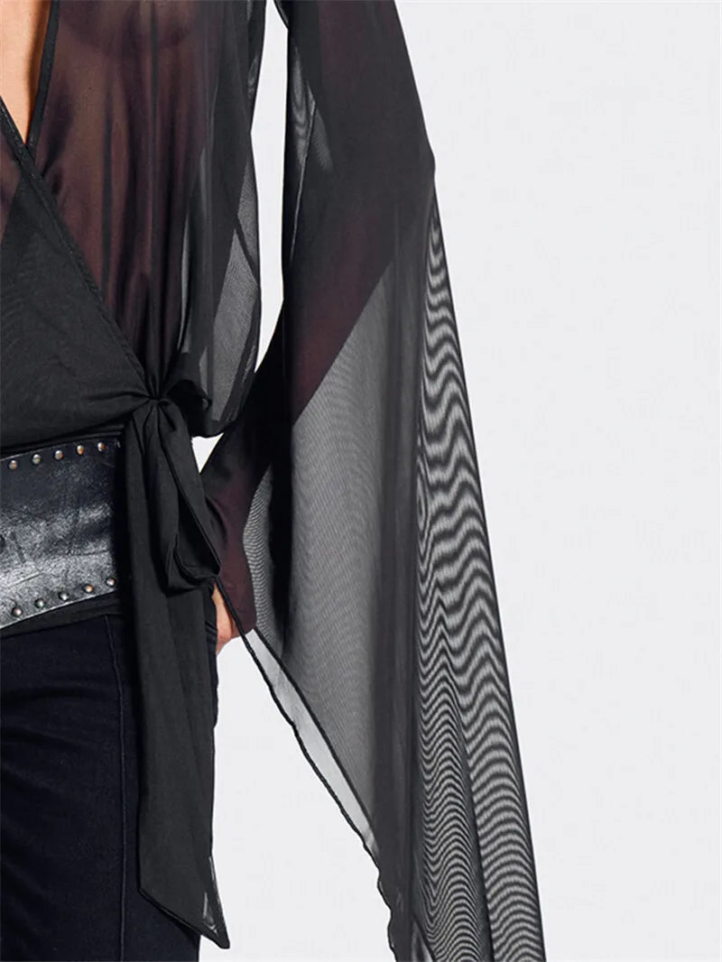 Mesh See Through Sexy Mini Dress For Women Black Sheer Mesh Deep V Neck Long Sleeve Backless Draped Ruched Dress