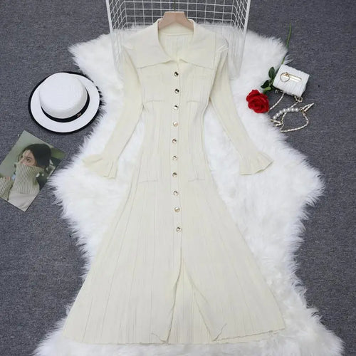 Load image into Gallery viewer, Autumn New 2024 French Black Elegant Single Breasted Long Sleeve Knit Dresses For Women Beige Slim Fashion Ruffles Pleated Dress
