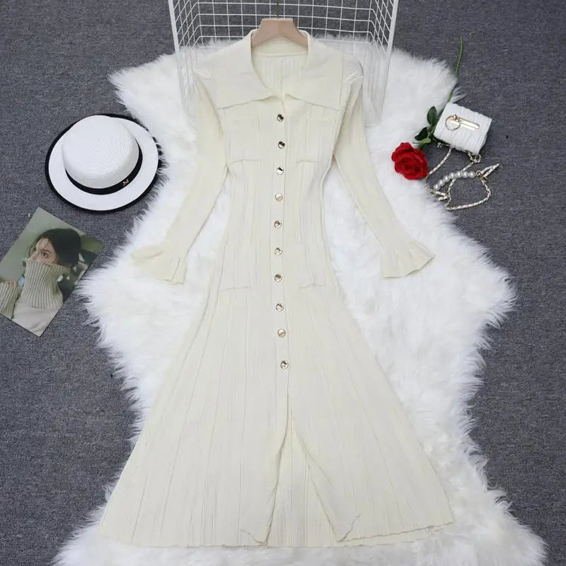 Autumn New 2024 French Black Elegant Single Breasted Long Sleeve Knit Dresses For Women Beige Slim Fashion Ruffles Pleated Dress