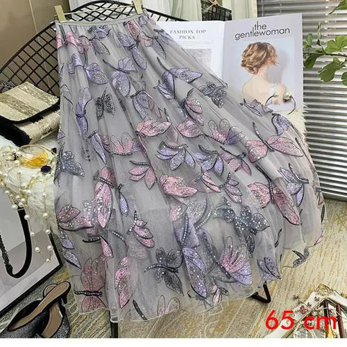Load image into Gallery viewer, Sequin Mesh Embroidery Dragonfly Long Skirt Women's Spring And Summer Slim High Waist Pleated Sweet  Midi Tulle Skirts Female
