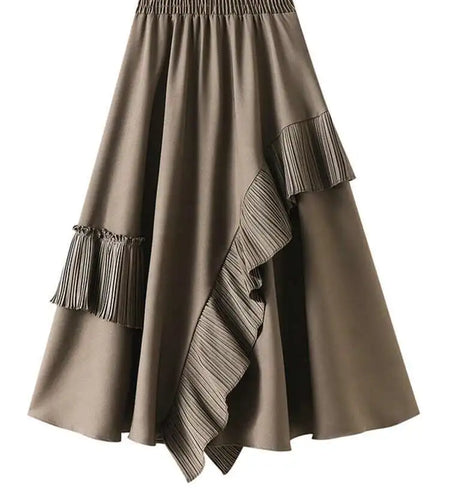 High Elastic Waist Coffee Pleated Ruffles Elegant Half-body Skirt Women Fashion Tide New Spring Autumn 2025  1DJ0431