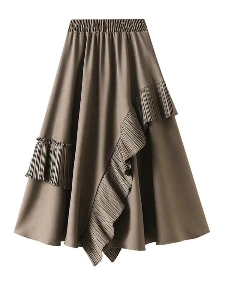 High Elastic Waist Coffee Pleated Ruffles Elegant Half-body Skirt Women Fashion Tide New Spring Autumn 2025  1DJ0431