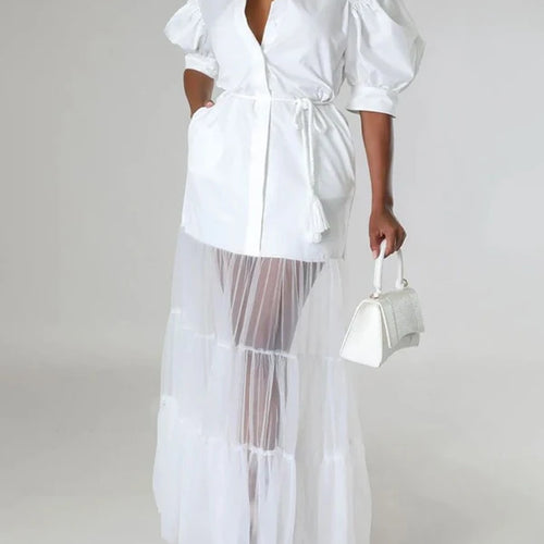 Load image into Gallery viewer, Elegant See-through Patchwork Chic Maxi Dress Woman 2025 Summer Puff Sleeves White Long Dresses Fit party birthday
