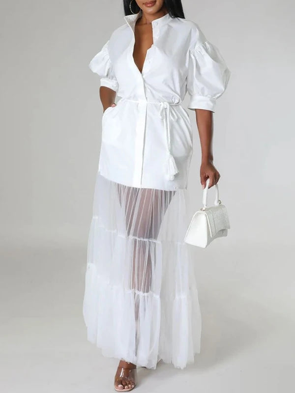 Elegant See-through Patchwork Chic Maxi Dress Woman 2025 Summer Puff Sleeves White Long Dresses Fit party birthday