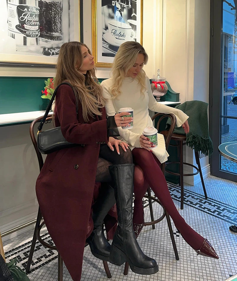 Half High Collar Long Sleeve Knit Mini Dress For Women Autumn Winter New Solid High Waist Pleated Knit Sweater Dress