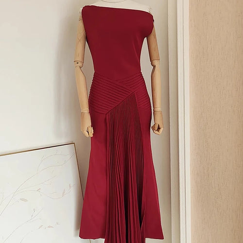 Load image into Gallery viewer, Solid Spliced Folds Slimming Dresses For Women Slash Neck Sleeveless High Waist Temperament Dress Female Fashion
