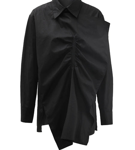 Women Black Irregular Pleated Big Size Elegant Blouse New Lapel Long Sleeve Shirt Fashion Tide Spring Autumn 2025 CPDB184