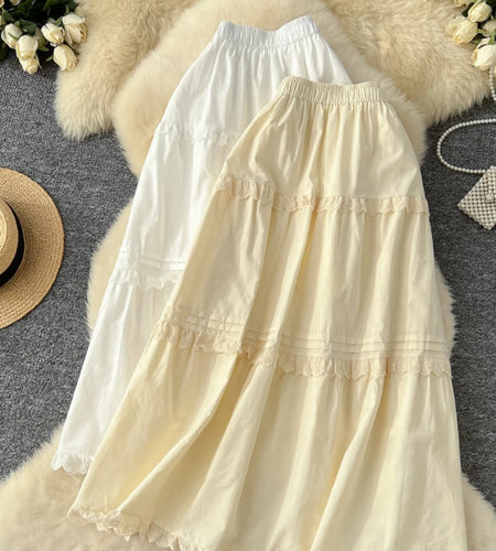 Vintage Elegant Women White High Waist Vacation Long Skirts Autumn Winter New Beige Ruffle Edge Pleated Short A-line Skirt Trend