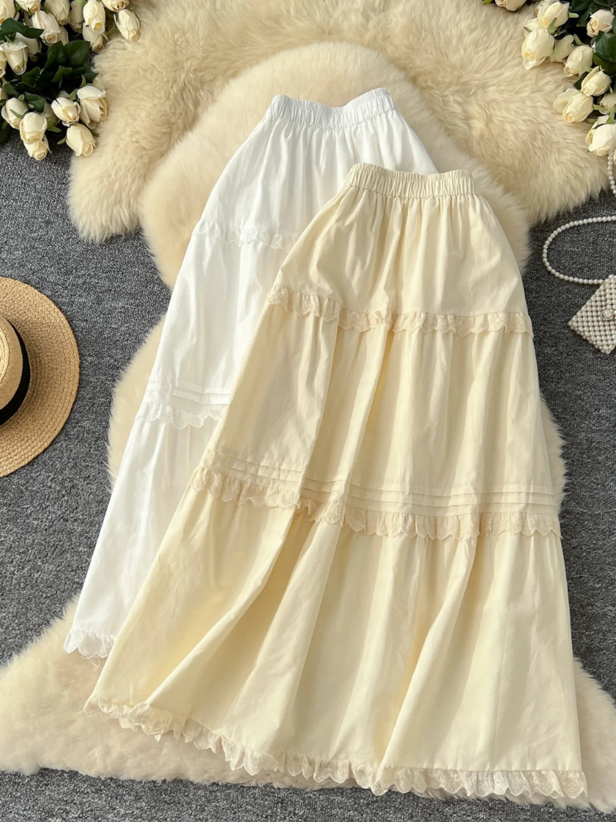 Vintage Elegant Women White High Waist Vacation Long Skirts Autumn Winter New Beige Ruffle Edge Pleated Short A-line Skirt Trend