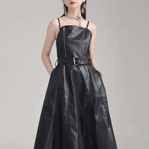 Load image into Gallery viewer, Women Black Pu Leather Belted Long A-line Dress New V-Neck Sleeveless Loose Fit Fashion Tide Spring Autumn 2025 1DH2000
