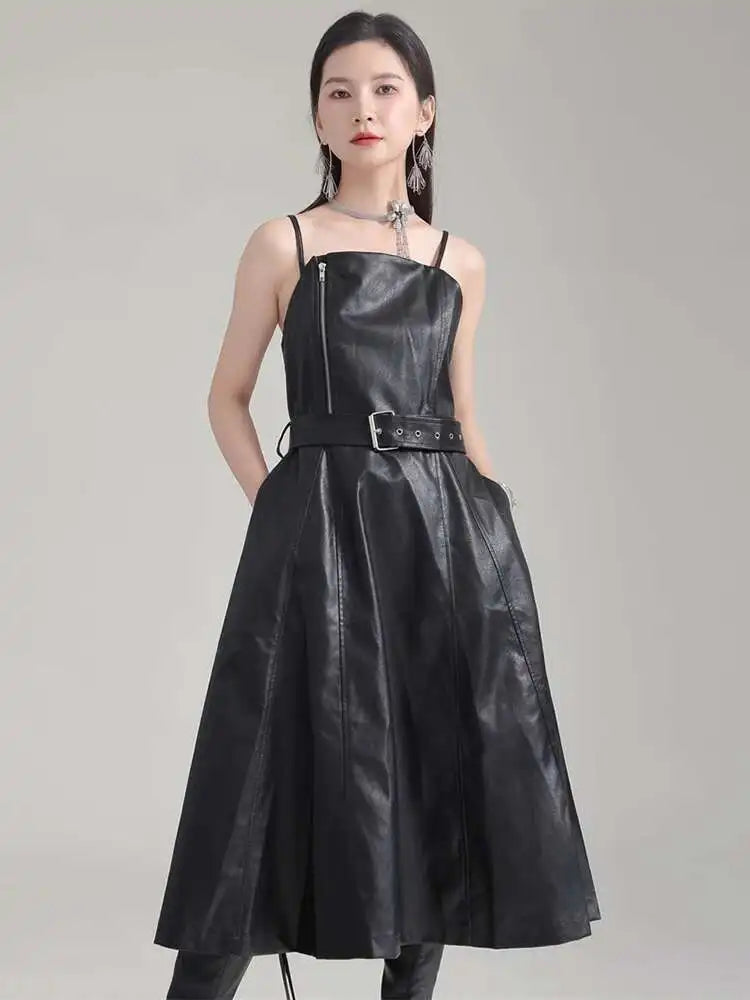 Women Black Pu Leather Belted Long A-line Dress New V-Neck Sleeveless Loose Fit Fashion Tide Spring Autumn 2025 1DH2000