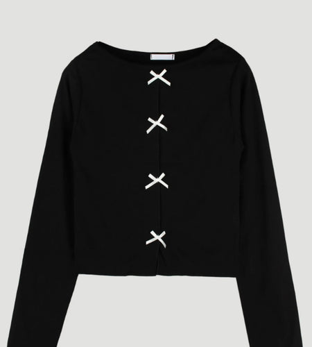 Shirts for Women Sweet Bow Tshirts 2024 Ropa Mujer O-neck Long Sleeve Hollow Out Tees Vintage Chic Casual Solid Color Y2k Tops