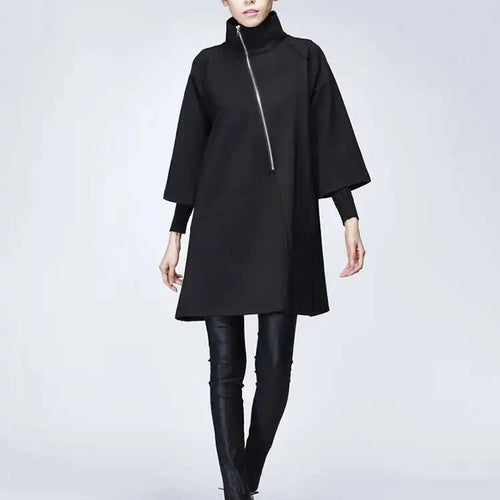 Load image into Gallery viewer, Women Black Zipper Casual Big Size Dress New Turtleneck Three-quarter Sleeve Loose Fit Fashion Spring Autumn 2025 1DF4717
