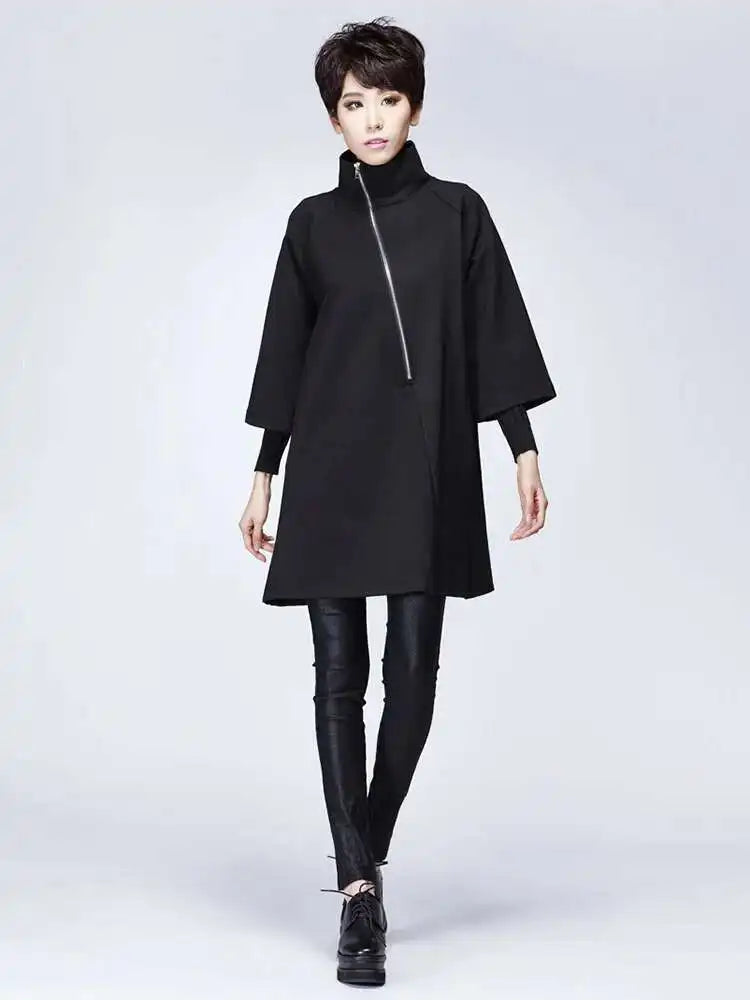Women Black Zipper Casual Big Size Dress New Turtleneck Three-quarter Sleeve Loose Fit Fashion Spring Autumn 2025 1DF4717