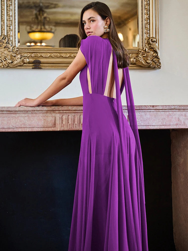 Deep V Neck High Split Sexy Maxi Dress For Women Fashion Purple Sleeveless Backless Long Tank Dress Femme Elegant Dress