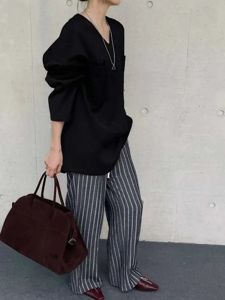 Women Gray Double Pocket Big Size Elegant Mini Dress New V--Neck Long Sleeve Fashion Tide Spring Autumn 2025 1DH7310