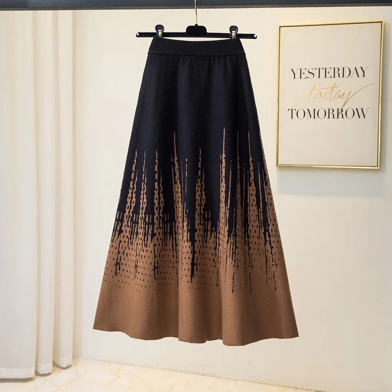 Korean Vintage 2024 Autumn Winter New Elegant Print Crochet Knit Long Skirt Women Casual Thick High Waist Pack Hip A-line Skirts
