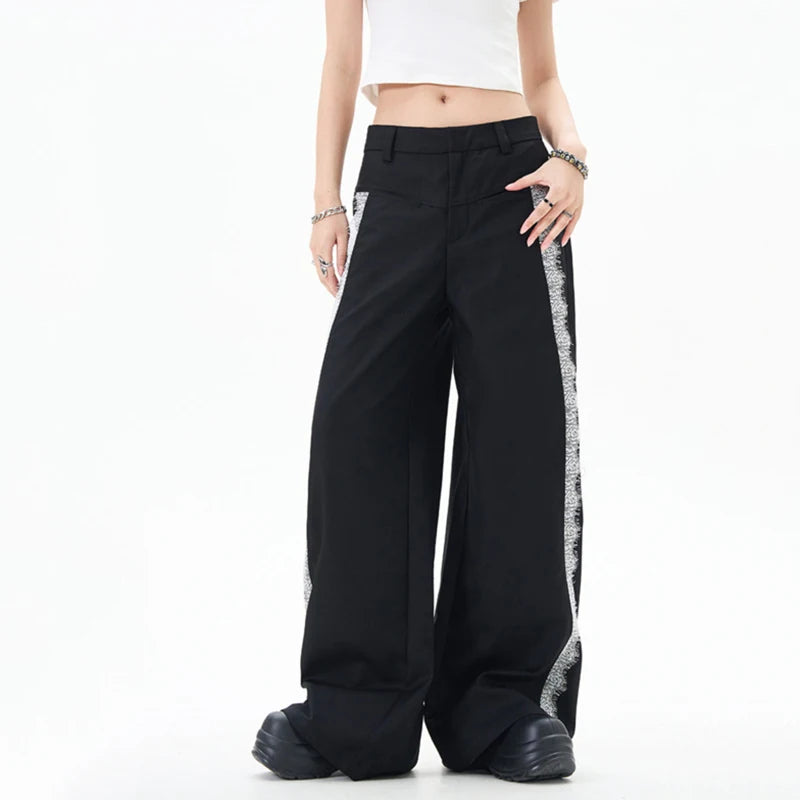 Men's Suit Pants Spliced Lace Edge Design Solid Color Simple Trendy Straight Wide Leg Stylish Male Summer Clothing 9W1961