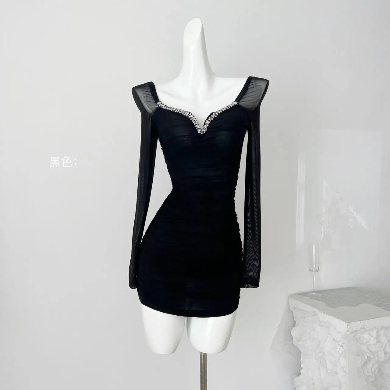 Autumn Vintage Fashion Black Mesh Square Neck Elegant Pleated Short Dress Women Brown Diamonds Long Sleeves Festival Party Dress