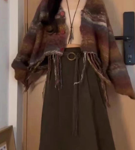 Vintage Iridescence Tassels Crop Cardigan Y2k Aesthetic Single Breasted Sweater Coat Autumn Harajuku Kardigany Jumper Pull Femme