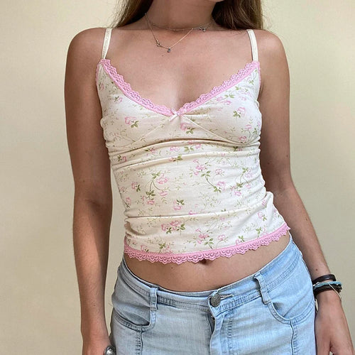 Load image into Gallery viewer, Sweet Coquette Y2K Summer Crop Tops Women Lace Trim Bow Flowers Printing Slim Camisole 2000s Aesthetic Korean Clothes
