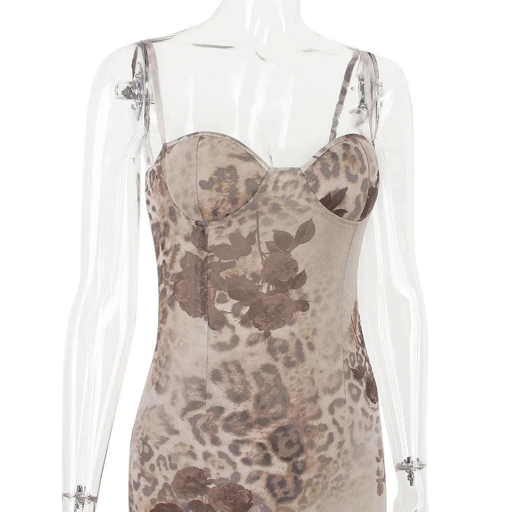 Mesh Floral Print Maxi Dress Women Spaghetti Strap Sleeveless Lace-up Split Sundress Ladies Club Party Long Tank Dress