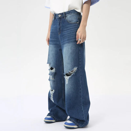 Load image into Gallery viewer, Personality Male Straight Jeans Hole Worn-out Loose Wide Leg Denim Pants Washed Casual Men&#39;s Trousers Summer 9C6281
