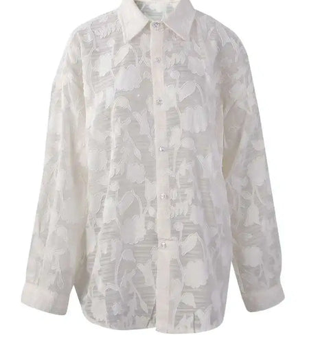 Women Beige Perspective Off Shoulder Big Size Blouse New Lapel Long Sleeve Shirt Fashion Tide Spring Autumn 2025 CPG2914