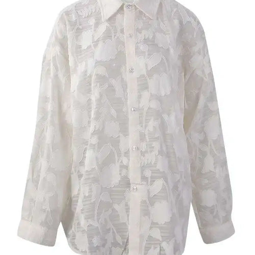 Load image into Gallery viewer, Women Beige Perspective Off Shoulder Big Size Blouse New Lapel Long Sleeve Shirt Fashion Tide Spring Autumn 2025 CPG2914
