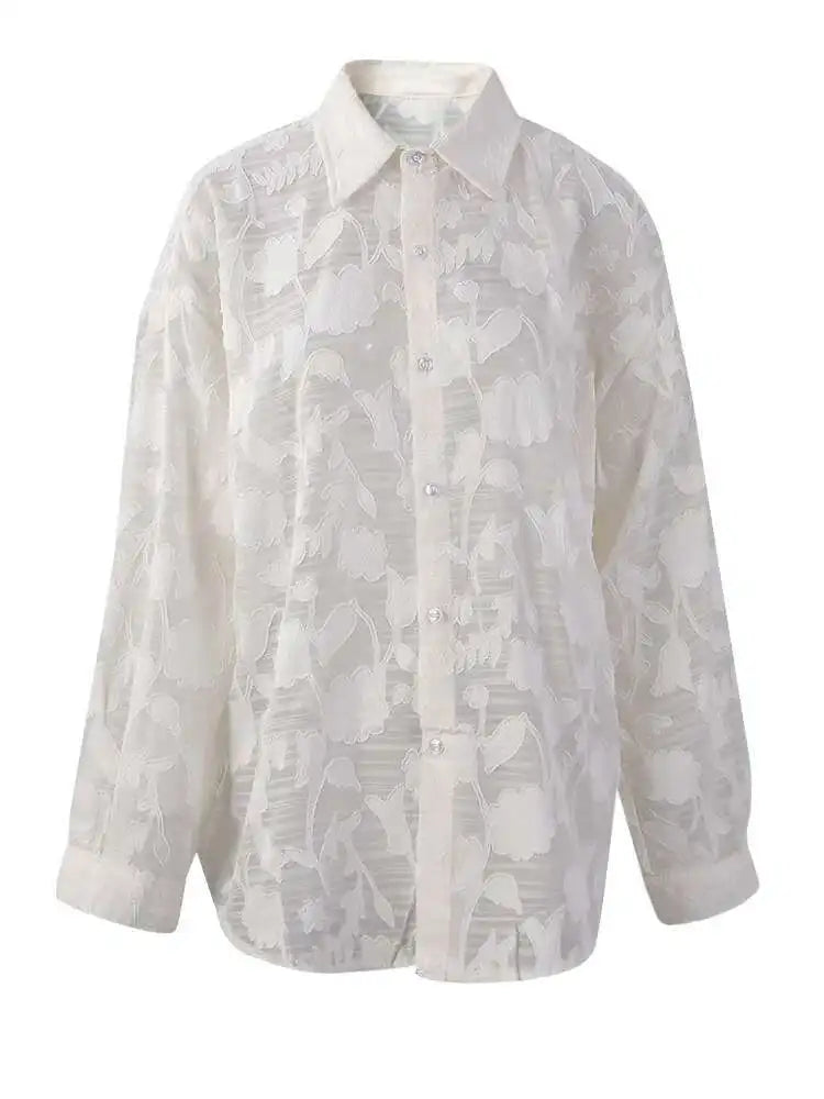 Women Beige Perspective Off Shoulder Big Size Blouse New Lapel Long Sleeve Shirt Fashion Tide Spring Autumn 2025 CPG2914